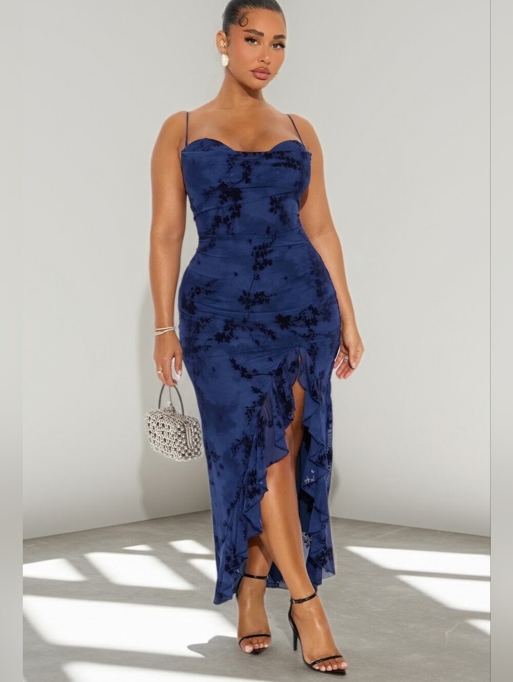 Fashion Nova Miley Mesh Floral Navy Blue Maxi Dress Size 3X